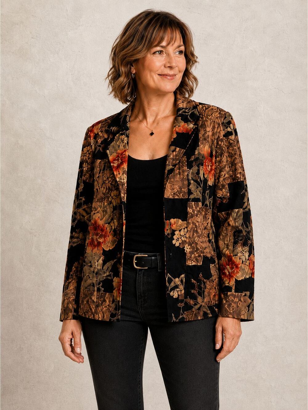 Coldwater Creek Jacket M Textured Floral Patchwork Crinkle Blazer Brown Black